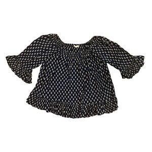Beachlunchlounge Navy White Print Smocked Off Shoulder Ruffle Sleeve Top M‎ Boho